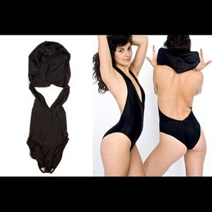 Black one-piece halter swimsuit with hoodie